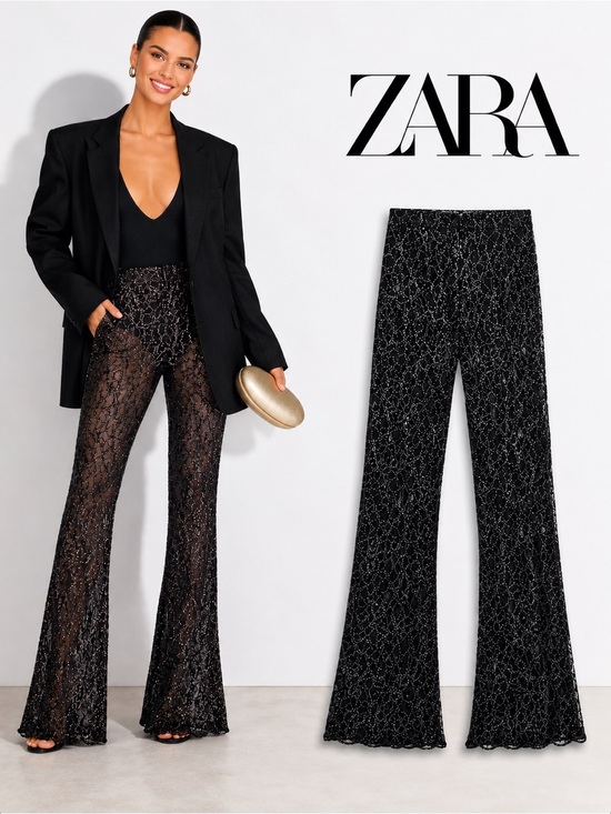 Zara Pants - ZARA Black Sequin Lace Flare Pants M NWT Sheer Party Festival